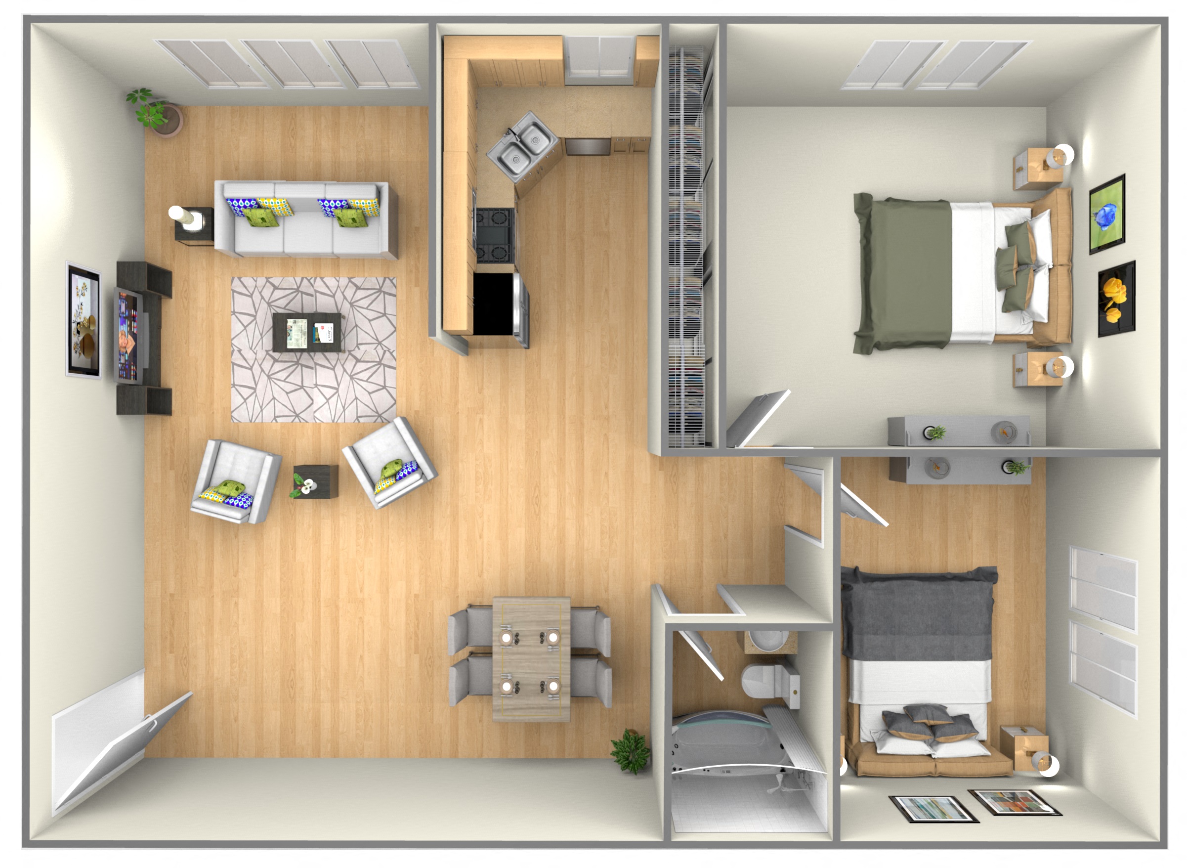 Floor plan for 2 beds, 1 bath, 850 sqft